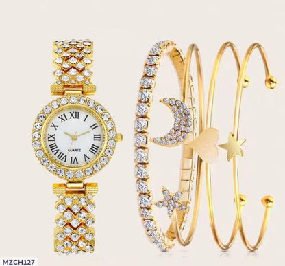 Roman Diamond Ladies Quartz Watch Set - 4 - piece Gold